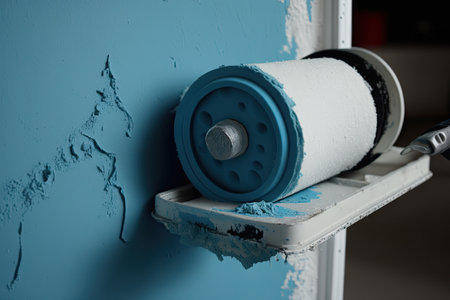 close-up of walls after new coat of paint, with roller and tray visible, created with generative aiの素材