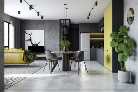 a sleek and modern apartment with polished concrete floors, minimalist furniture, and bold accent walls, created with generative aiの素材