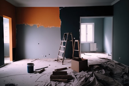the next step in the renovation process, painting of walls of bedroom, created with generative aiの素材