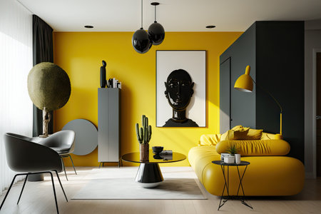 a modern apartment with sleek furnishings and minimalist decor, featuring a yellow wall that adds warmth to the space, created with generative aiの素材