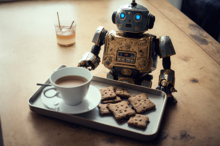 robot serving tray with cup of tea and biscuit for elderly person, created with generative aiの素材
