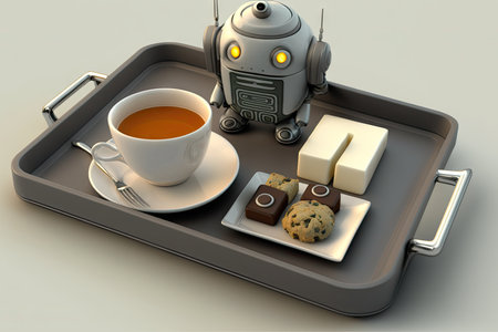 robot serving tray with cup of tea and biscuit for elderly person, created with generative aiの素材
