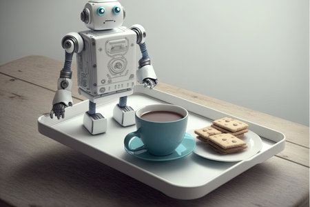 robot serving tray with cup of tea and biscuit for elderly person, created with generative aiの素材