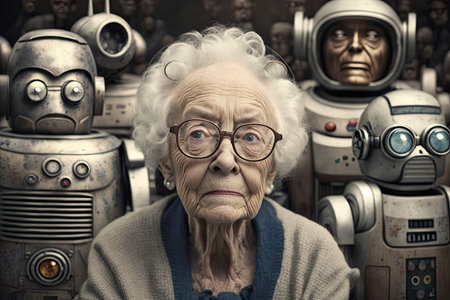 elderly person, surrounded by group of friendly and helpful android robots, created with generative aiの素材