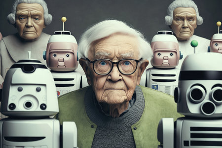 elderly person, surrounded by group of friendly and helpful android robots, created with generative aiの素材