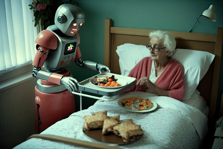 robot, offering tray of food and drink to elderly person in bed, created with generative aiの素材
