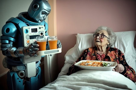 robot, offering tray of food and drink to elderly person in bed, created with generative aiの素材