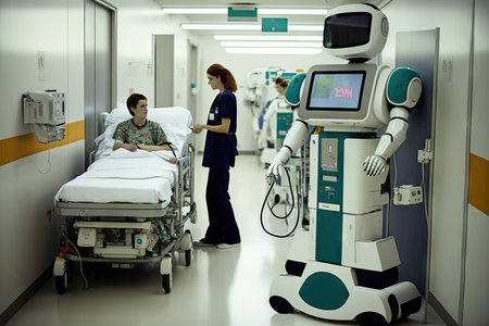 a hospital ward with a mix of human and robotic caregivers, providing 24/7 care, created with generative aiの素材