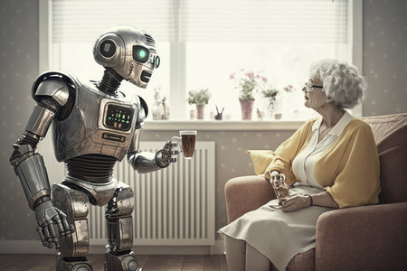 robot, offering old lady a drink from stylish glass, in contemporary living room, created with generative aiの素材