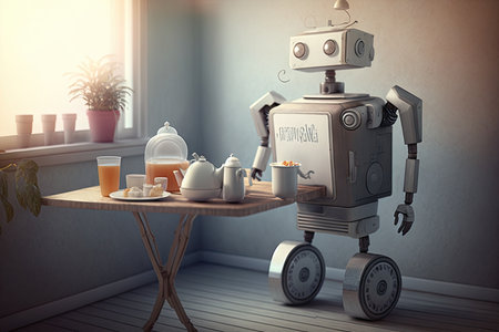 robot with tray of food and water, providing daily meal for elderly person, created with generative aiの素材