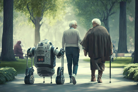 person, helping elderly person with walker through park, surrounded by android robots, created with generative aiの素材