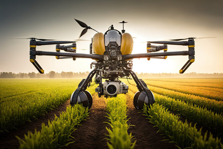 agronomist drone in crop field for spraying liquid chemicals on plants, created with generative aiの素材