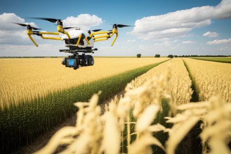 field harvesting with agronomist drone in summer, created with generative aiの素材