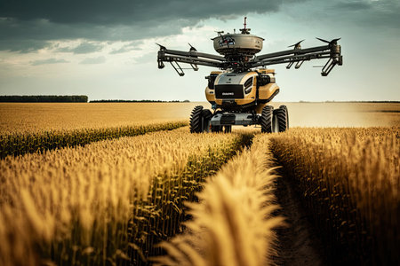 field harvesting with agronomist drone in summer, created with generative aiの素材