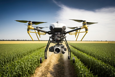 agronomist drone flying to examine and study agricultural fields, created with generative aiの素材
