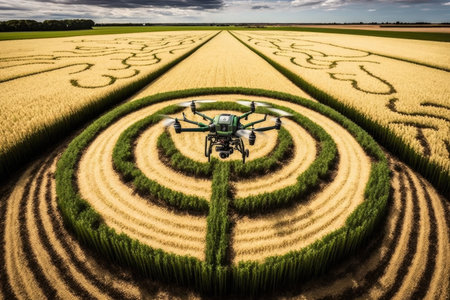 agronomist drone making round between rows of planted grains in farmers field, created with generative aiの素材