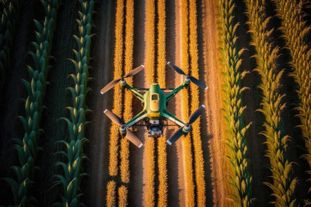 agronomist drone advances through rows of crops and collects data on condition of plants, created with generative aiの素材