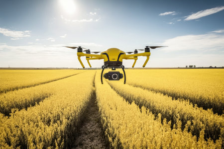 yellow field under view of drone with agricultural management agronomist drone, created with generative aiの素材