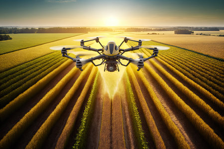 agronomist drone flying over field and shooting agricultural crops from above, created with generative aiの素材