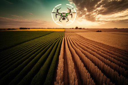 agronomist drone flying over field and shooting agricultural crops from above, created with generative aiの素材