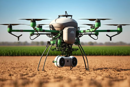 agronomist drone makes plant fertilization with liquid fertilizers, created with generative aiの素材