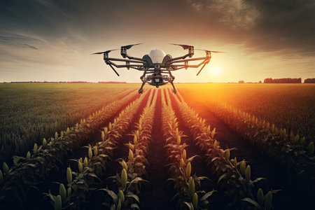 agronomist drone flying over field with crop and spraying it with pesticides, created with generative aiの素材