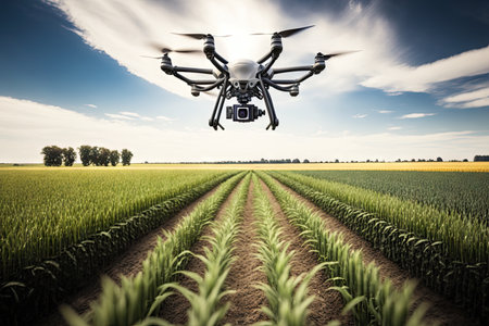 agricultural field with crop and agronomist drone flying above it, created with generative aiの素材
