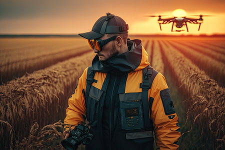 agronomist drone in jacket and glasses processes field for farming, created with generative aiの素材