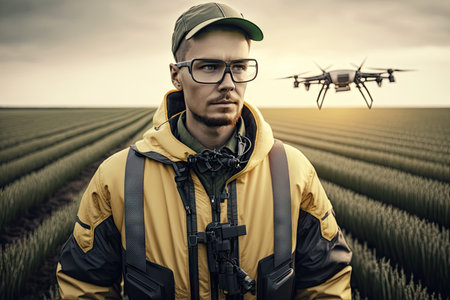 agronomist drone in jacket and glasses processes field for farming, created with generative aiの素材