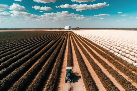 view from birds perspective of cotton plantation and agronomist drone, created with generative aiの素材