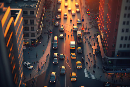 city traffic at sunset, aerial view of busy city street, created with generative aiの素材