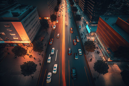 evening view of cars going through urban district, aerial view of busy city street, created with generative aiの素材