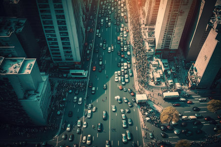 traffic jams in big city and aerial view of busy city street, created with generative aiの素材