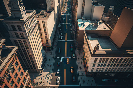 morning rush hour on aerial view of busy city street with passing cars and people, created with generative aiの素材