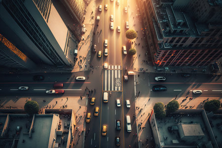 wide city street with traffic and transport in motion, aerial view of busy city street, created with generative aiの素材