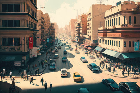 panoramic view of busy city street with passing cars and people, created with generative aiの素材