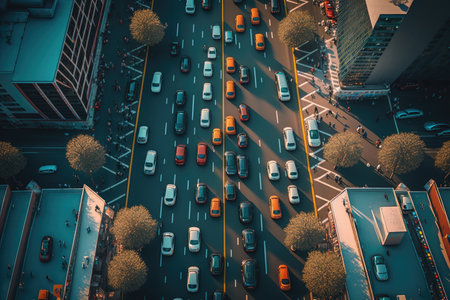 view from drone of cars driving through traffic in dense city aerial view of busy city street, created with generative aiの素材