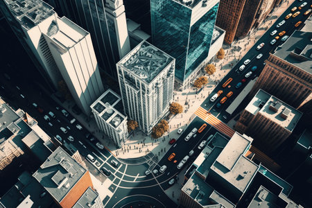 commercial district of city with many offices and banks, aerial view of busy city street, created with generative aiの素材