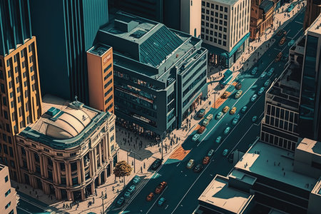 commercial district of city with many offices and banks, aerial view of busy city street, created with generative aiの素材