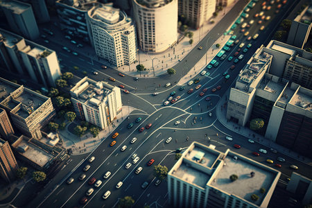 concrete buildings and steet traffic in large metropolitan city, aerial view of busy city street, created with generative aiの素材