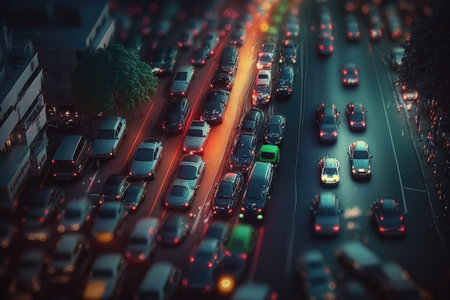 night traffic jam in big city, aerial view of busy street, created with generative aiの素材