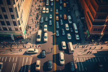 busy city street with traffic jam, aerial view of business district, created with generative aiの素材
