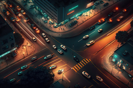 night traffic on busy city street aerial view of city, created with generative aiの素材
