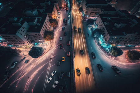 night traffic on busy city street aerial view of city, created with generative aiの素材