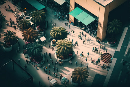 people walking through shopping center, aerial view of busy city street, created with generative aiの素材
