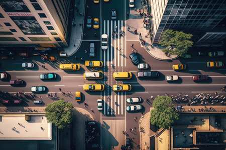 urban transport in busy city street, aerial view of, created with generative aiの素材