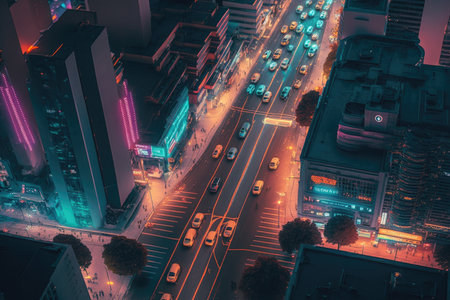 high building and traffic in neon lights, aerial view of busy city street, created with generative aiの素材
