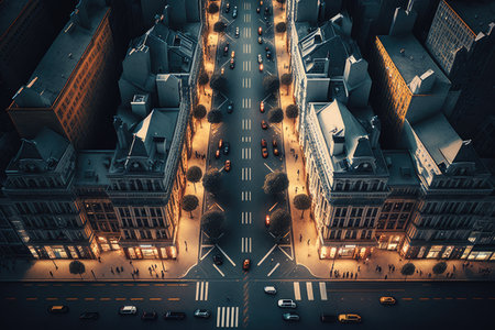 illuminated city street with parking spaces and buildings on aerial view of busy city street, created with generative aiの素材