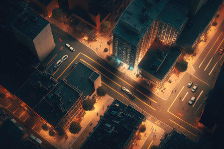 illuminated city street with parking spaces and buildings on aerial view of busy city street, created with generative aiの素材