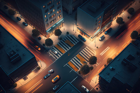 illuminated city street with parking spaces and buildings on aerial view of busy city street, created with generative aiの素材
